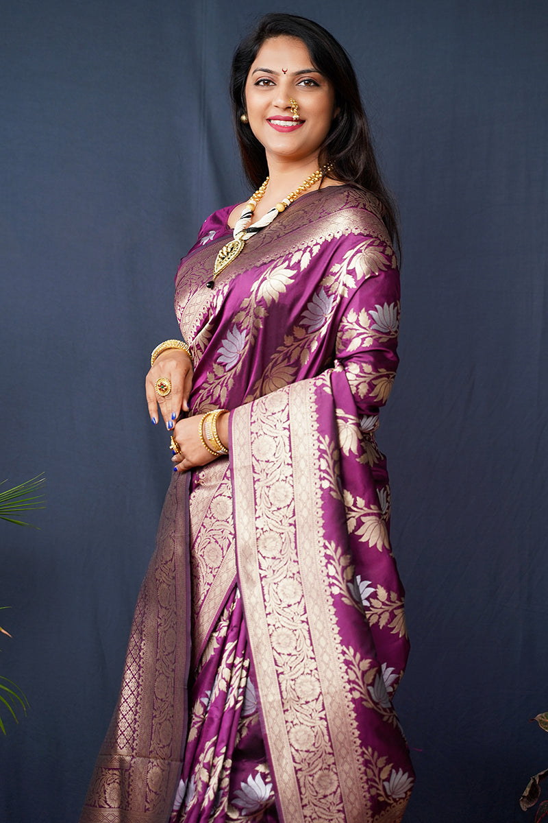 Monjolika Fashion Magenta Purple Woven Banarasi Silk Blend Saree With Blouse