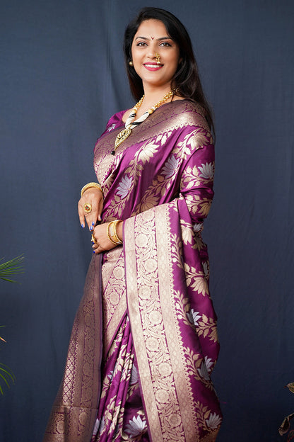 Monjolika Fashion Magenta Purple Woven Banarasi Silk Blend Saree With Blouse