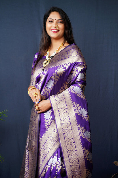 Monjolika Fashion Violet Woven Banarasi Silk Blend Saree With Blouse
