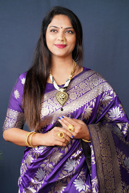Monjolika Fashion Violet Woven Banarasi Silk Blend Saree With Blouse