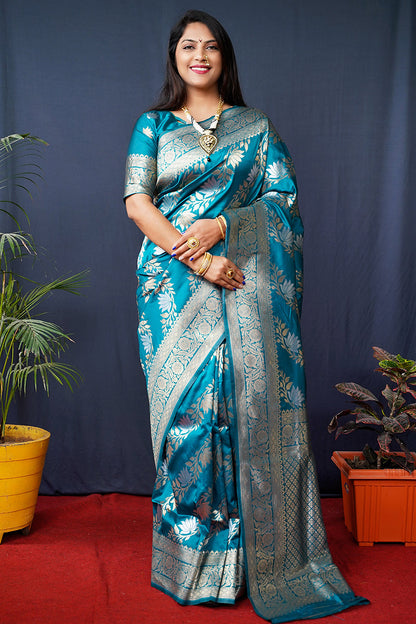 Monjolika Fashion Teal Blue Woven Banarasi Silk Blend Saree With Blouse