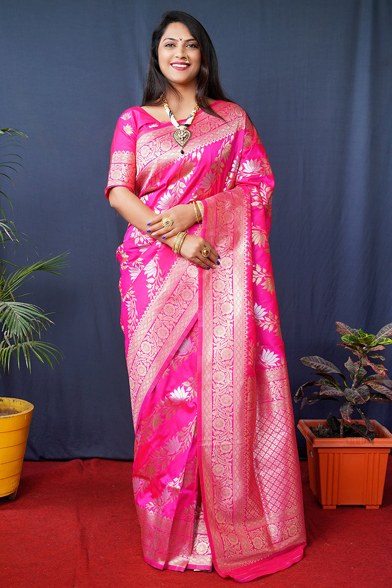 Monjolika Fashion Rani Pink Woven Banarasi Silk Blend Saree With Blouse
