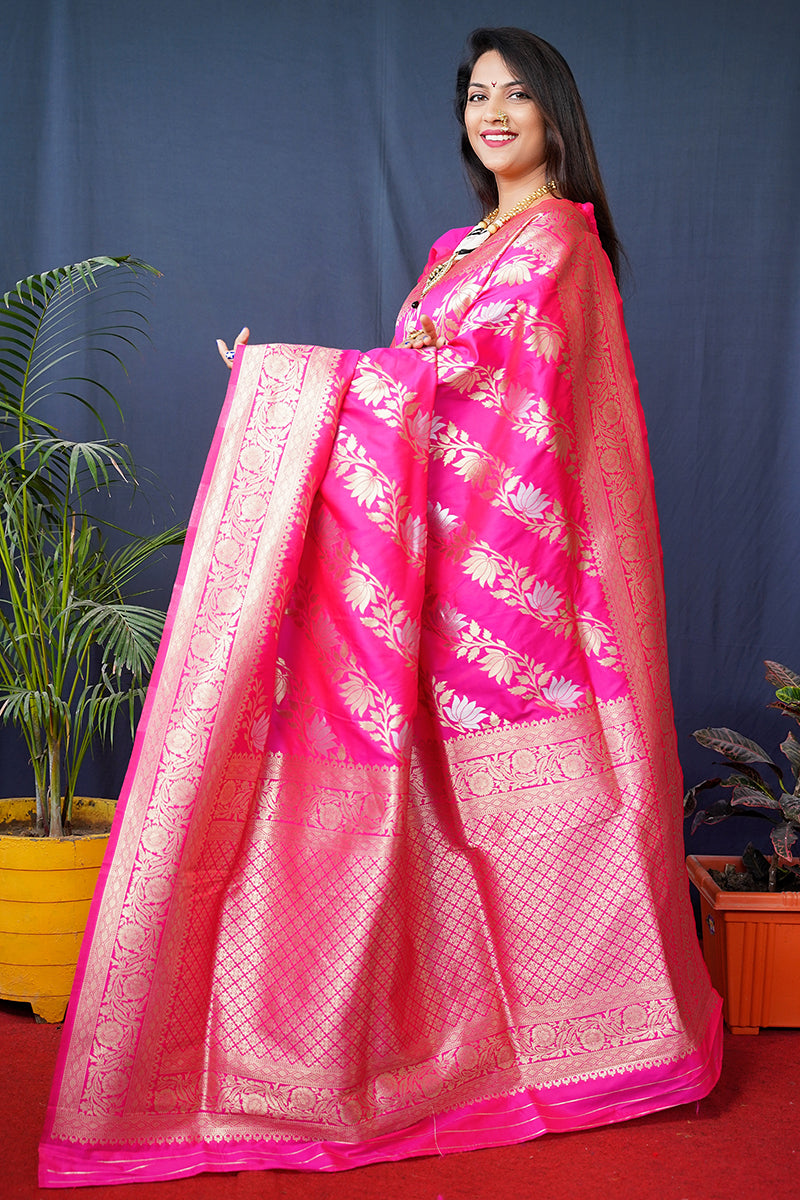Monjolika Fashion Rani Pink Woven Banarasi Silk Blend Saree With Blouse