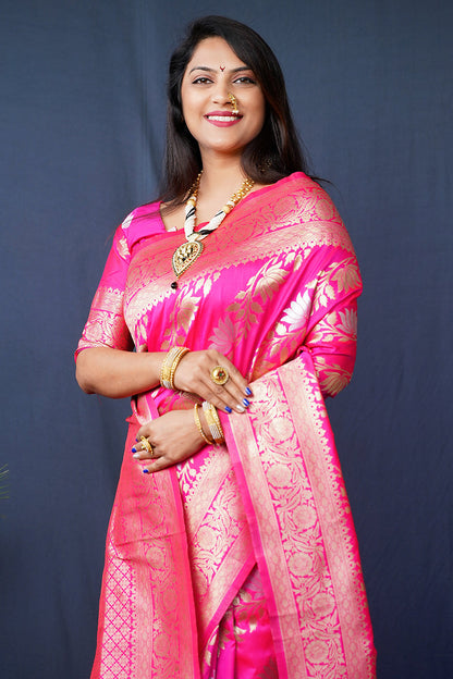 Monjolika Fashion Rani Pink Woven Banarasi Silk Blend Saree With Blouse