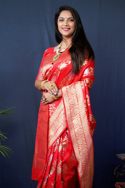Monjolika Fashion Red Woven Banarasi Silk Blend Saree With Blouse