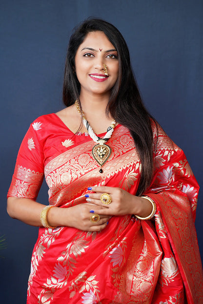 Monjolika Fashion Red Woven Banarasi Silk Blend Saree With Blouse