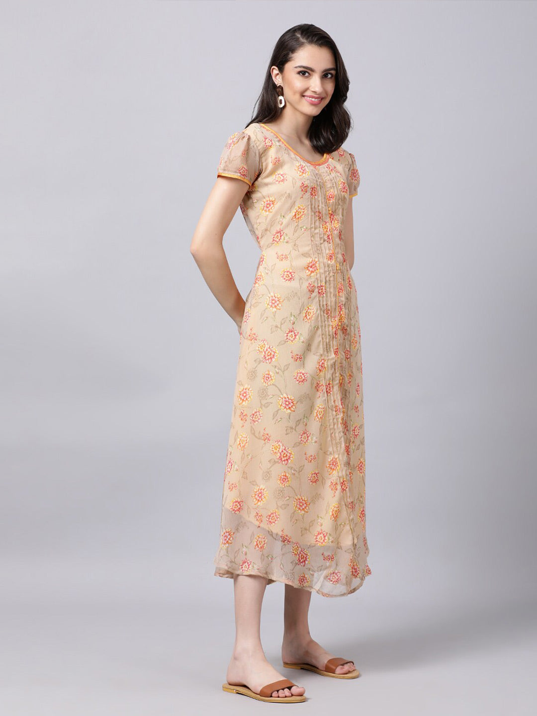Souchii Women Grey Floral Printed Chiffon A-Line Dress