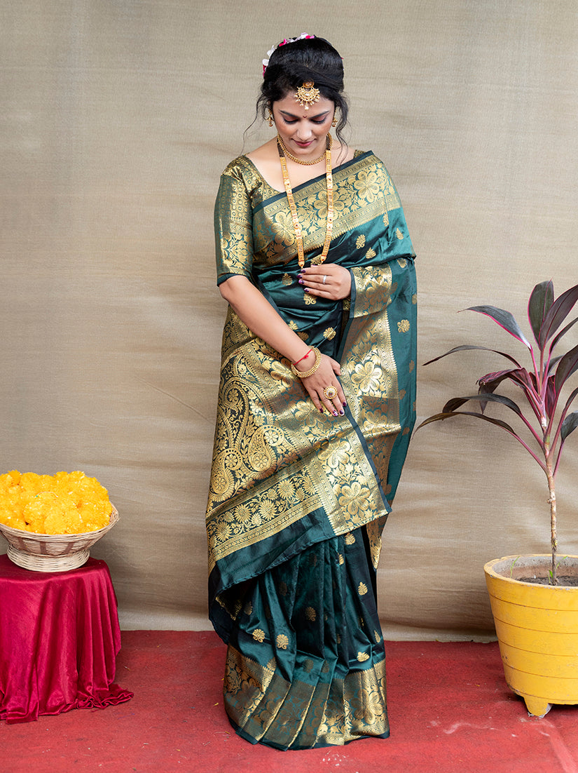 Monjolika Fashion Deep Teal Green Banarasi Silk Blend Saree With Golden Zari Work