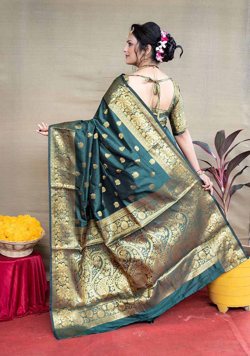Monjolika Fashion Deep Teal Green Banarasi Silk Blend Saree With Golden Zari Work