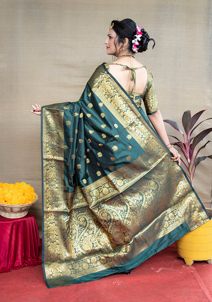 Monjolika Fashion Deep Teal Green Banarasi Silk Blend Saree With Golden Zari Work