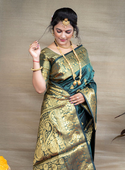 Monjolika Fashion Deep Teal Green Banarasi Silk Blend Saree With Golden Zari Work