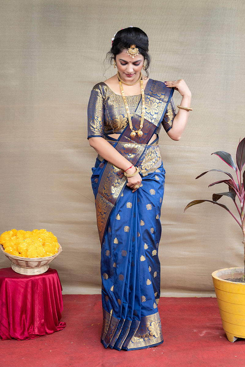 Monjolika Fashion Royal Blue Banarasi Silk Blend Saree With Golden Zari Work