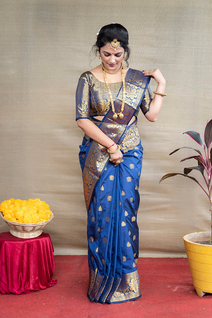 Monjolika Fashion Royal Blue Banarasi Silk Blend Saree With Golden Zari Work