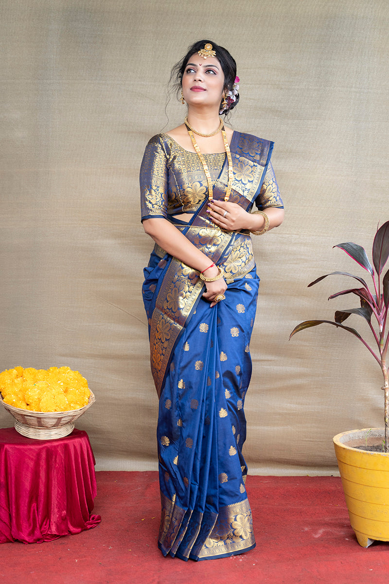 Monjolika Fashion Royal Blue Banarasi Silk Blend Saree With Golden Zari Work