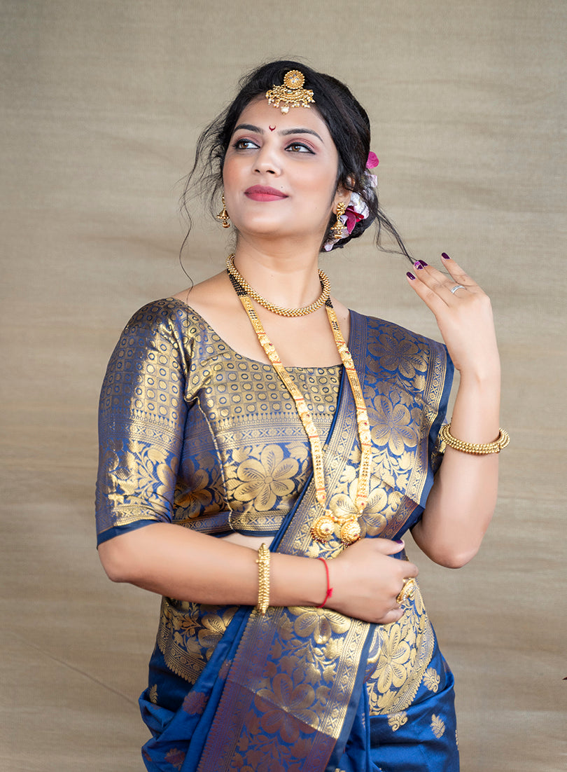 Monjolika Fashion Royal Blue Banarasi Silk Blend Saree With Golden Zari Work