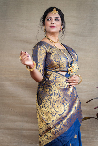 Monjolika Fashion Royal Blue Banarasi Silk Blend Saree With Golden Zari Work