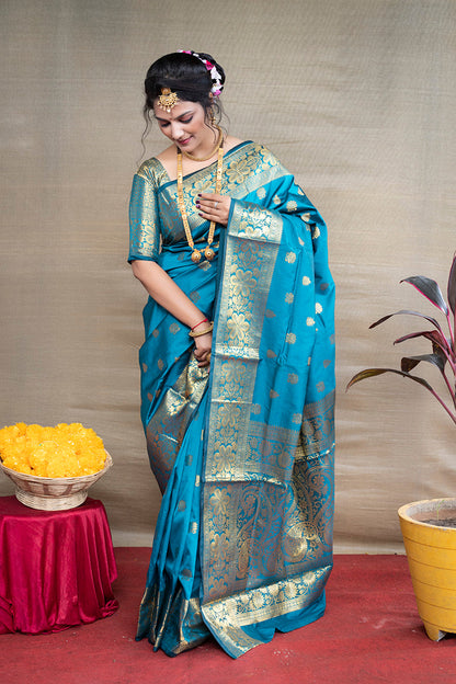 Monjolika Fashion Aqua Blue Banarasi Silk Blend Saree With Golden Zari Work