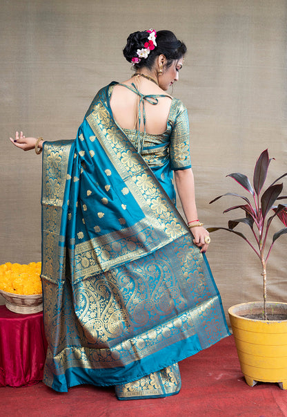 Monjolika Fashion Aqua Blue Banarasi Silk Blend Saree With Golden Zari Work