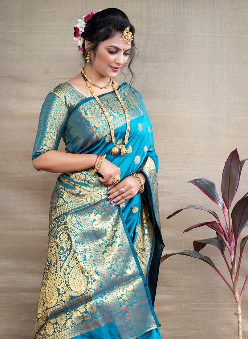 Monjolika Fashion Aqua Blue Banarasi Silk Blend Saree With Golden Zari Work