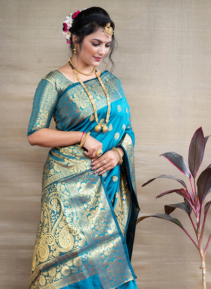 Monjolika Fashion Aqua Blue Banarasi Silk Blend Saree With Golden Zari Work