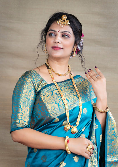 Monjolika Fashion Aqua Blue Banarasi Silk Blend Saree With Golden Zari Work