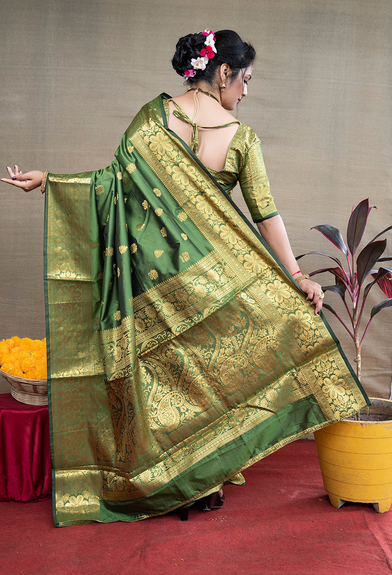 Monjolika Fashion Green Banarasi Silk Blend Saree With Golden Zari Work