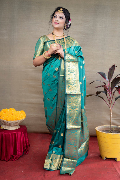 Monjolika Fashion Turquoise Banarasi Silk Blend Saree With Golden Zari Work