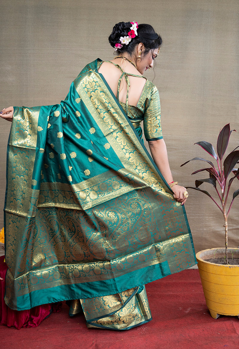 Monjolika Fashion Turquoise Banarasi Silk Blend Saree With Golden Zari Work