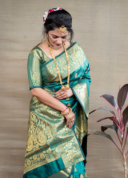 Monjolika Fashion Turquoise Banarasi Silk Blend Saree With Golden Zari Work