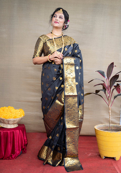 Monjolika Fashion Black Banarasi Silk Blend Saree With Golden Zari Work