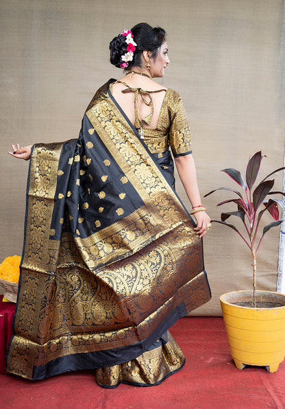 Monjolika Fashion Black Banarasi Silk Blend Saree With Golden Zari Work