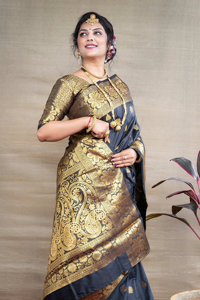 Monjolika Fashion Black Banarasi Silk Blend Saree With Golden Zari Work