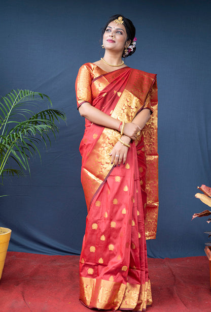 Monjolika Fashion Red Banarasi Silk Blend Saree With Golden Zari Work