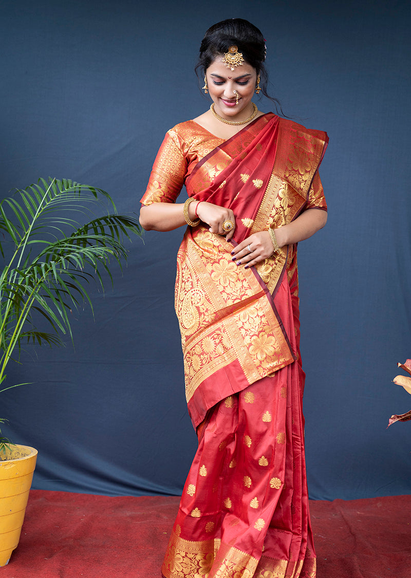 Monjolika Fashion Red Banarasi Silk Blend Saree With Golden Zari Work