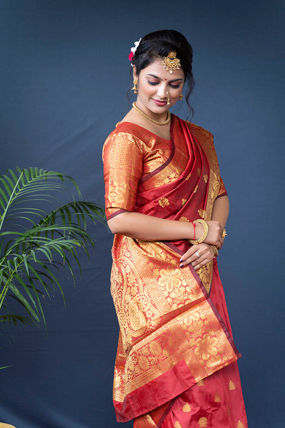 Monjolika Fashion Red Banarasi Silk Blend Saree With Golden Zari Work