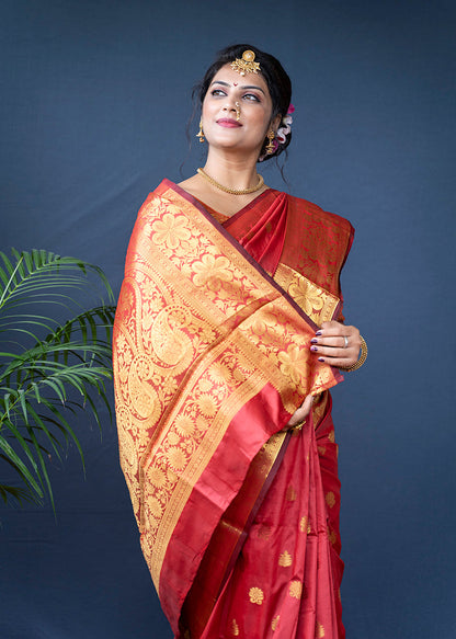 Monjolika Fashion Red Banarasi Silk Blend Saree With Golden Zari Work