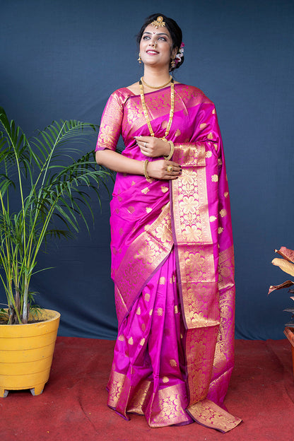 Monjolika Fashion Rani Pink Banarasi Silk Blend Saree With Golden Zari Work