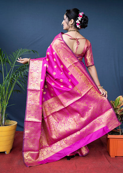 Monjolika Fashion Rani Pink Banarasi Silk Blend Saree With Golden Zari Work