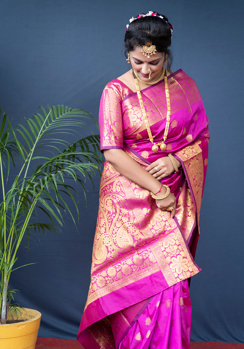 Monjolika Fashion Rani Pink Banarasi Silk Blend Saree With Golden Zari Work
