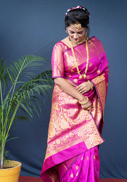 Monjolika Fashion Rani Pink Banarasi Silk Blend Saree With Golden Zari Work
