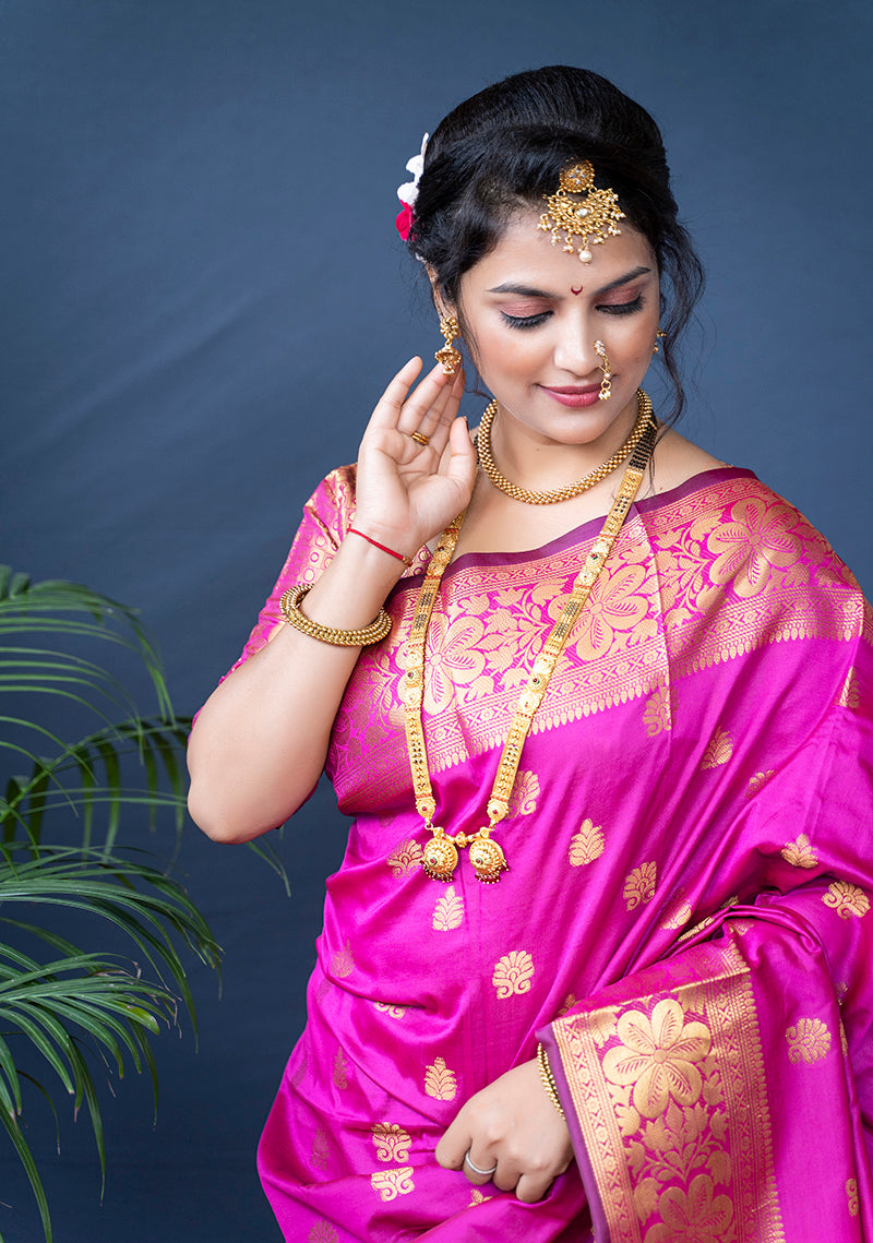 Monjolika Fashion Rani Pink Banarasi Silk Blend Saree With Golden Zari Work