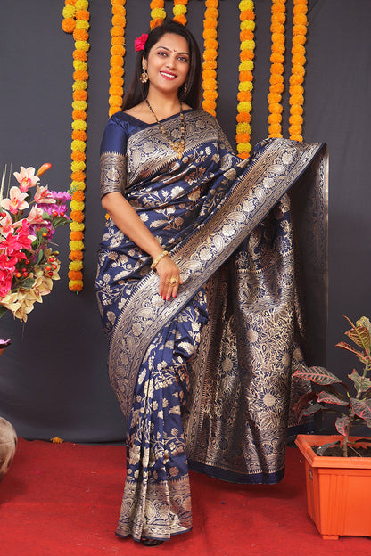 Monjolika Fashion Navy Blue Silk Blend Banarasi Saree With Zari Weaving