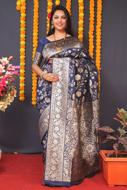 Monjolika Fashion Navy Blue Silk Blend Banarasi Saree With Zari Weaving