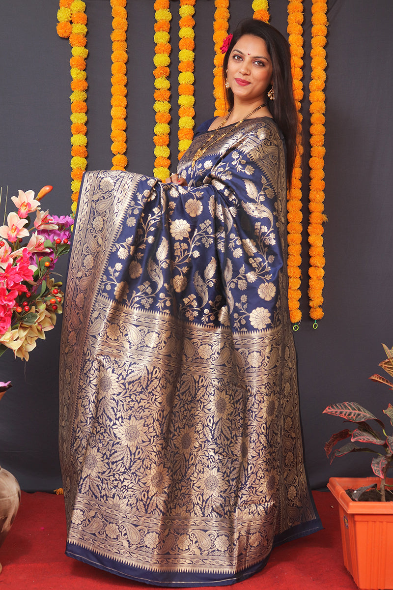Monjolika Fashion Navy Blue Silk Blend Banarasi Saree With Zari Weaving