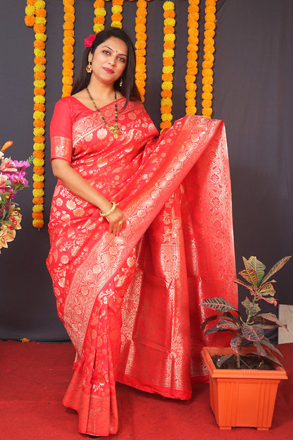 Monjolika Fashion Red Silk Blend Banarasi Saree With Zari Weaving
