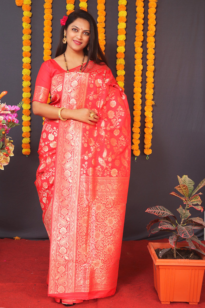 Monjolika Fashion Red Silk Blend Banarasi Saree With Zari Weaving