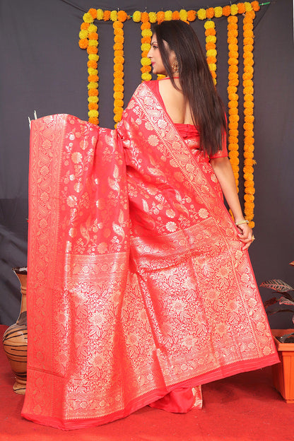Monjolika Fashion Red Silk Blend Banarasi Saree With Zari Weaving