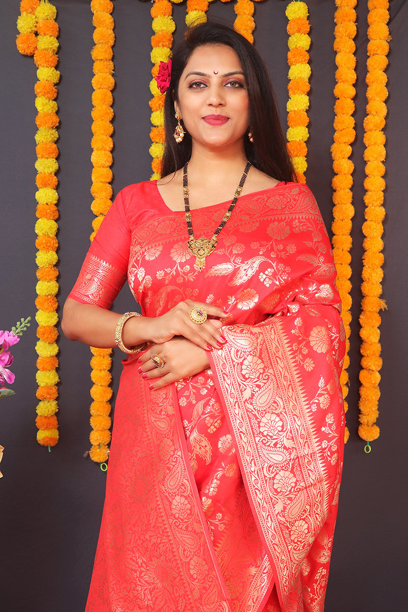 Monjolika Fashion Red Silk Blend Banarasi Saree With Zari Weaving