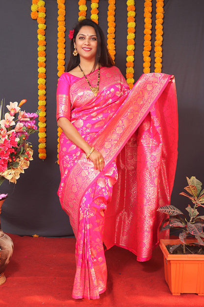 Monjolika Fashion Rani Pink Silk Blend Banarasi Saree With Zari Weaving