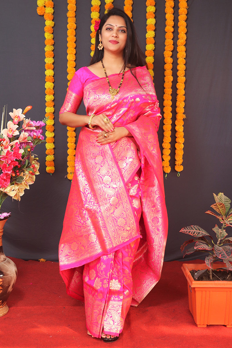 Monjolika Fashion Rani Pink Silk Blend Banarasi Saree With Zari Weaving